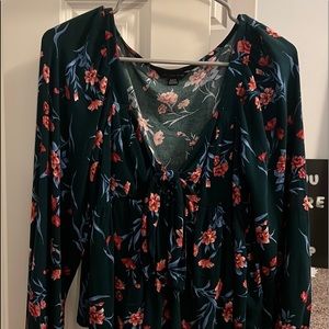 american eagle blouse, dark blue floral with pink washed flowers, tie front